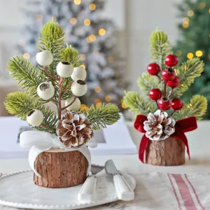 Mini Christmas Tree Desktop Ornament Wooden Base Artificial Pine Needle Table Top Festive Home Decoration