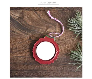 Kerst hars spiegel krans hanger hangend ornament gedetailleerd uitzicht roze witte koorden.