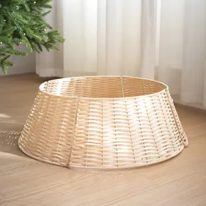 Detailed view of the plastic rattan Christmas tree collar basket, minimalist holiday decor.