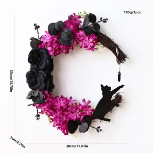 Halloween artificial flower crescent wreath with black cat, front door hanging decoration 35cm