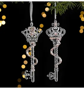 Suspensions de sapin de noël en cristal transparent avec clé couronne et paillettes.