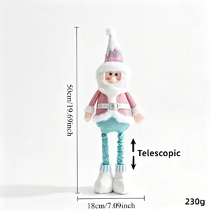 Vista bambola natalizia telescopica dettaglio, decorazione peluche rosa con altezza regolabile.