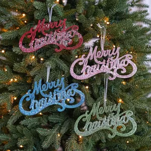 Merry Christmas glitter hanging ornaments set, colorful festive tree decorative items for home.