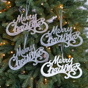 Glitter Merry Christmas hanging ornaments for holiday tree decoration, set of 4 sparkle plaques