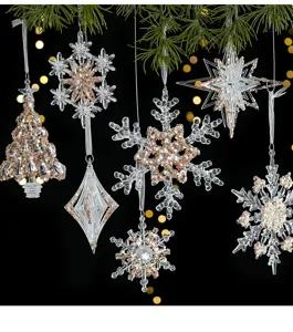 Decorations de sapin de Noel transparentes cristal flocon de neige paillettes fete