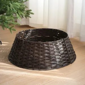 Detailed view of dark brown plastic wicker Christmas tree collar for holiday decor.