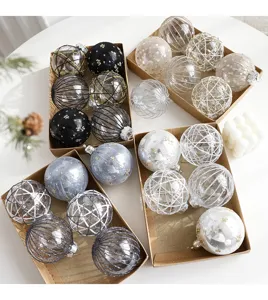 Christmas ornament balls detail shot, 8cm painted clear black white hanging decor set.