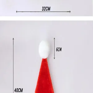 Gorro de Navidad de felpa vista detallada con dimensiones, tocado festivo rojo y blanco para fiestas.
