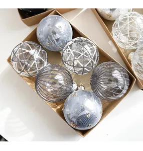 Christmas decorative balls set, 8cm clear balls with mesh and silver string for tree decor.