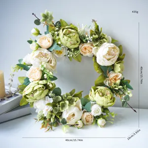 Kunstmatige pioenroos krans voor voordeur huwelijksdecoratie, 40cm bloemenkrans detailweergave.