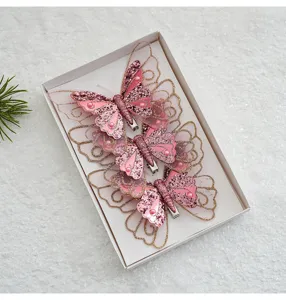 Juego de pinzas de árbol de navidad de mariposa de malla con purpurina rosa, clips decorativos.