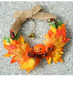 Halloween autumn maple leaf pumpkin wreath decoration, perfect for holiday home hanging.