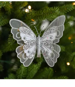 Adorno de pinza de mariposa de malla con purpurina para árbol de Navidad fiesta hogar