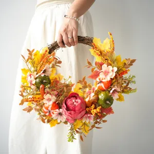 Autumn artificial maple leaf pumpkin wreath for front door Thanksgiving holiday home wall decor