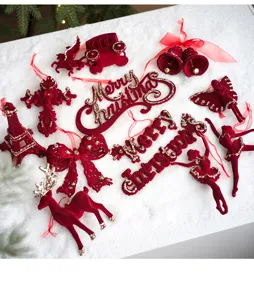Set di ornamenti natalizi floccati rossi cervo in velluto fiocco decorazione