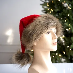 Adult Christmas hat with plush brown brim and bright red body for holiday party festive dress up