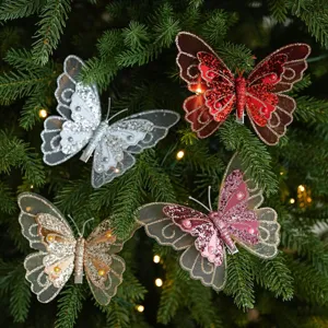 Decoración de Navidad PVC Purpurina Doble Capa Malla Mariposa Clips Simulación Mariposa Adornos Para Árbol de Navidad Fiesta Hogar