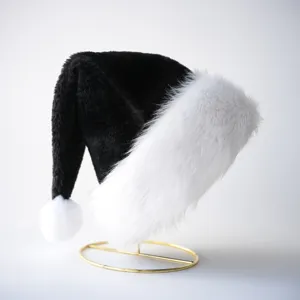 Black plush Santa hat for adults, thick faux fur cuff and pom-pom, perfect for Christmas party.