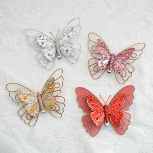Pinces à papillon en résille pailletée pour décoration d'arbre de Noël et ornements de fête.