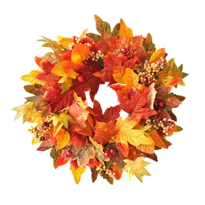 Artificial autumn maple leaf wreath with berries for Thanksgiving and Halloween door decor.