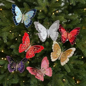 Set de pinzas de mariposa con purpurina para árbol de navidad, adornos colgantes de malla.