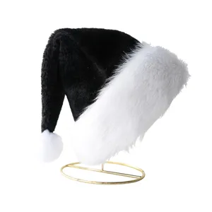 Black Christmas hat with white plush cuff and pompom, festive party holiday decor accessory.