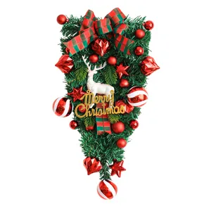 Inverted Christmas tree decoration with reindeer red balls and bow for holiday home decor.
