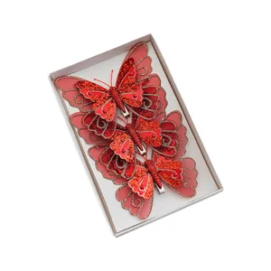 Lot de pinces a cheveux papillon en tulle paillete rouge dans une boite pour Noel decoration
