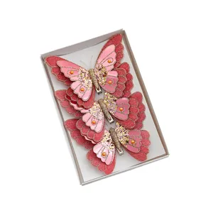 Mariposa rosa de doble capa con purpurina clip para arbol de navidad ornamentos 3 pcs