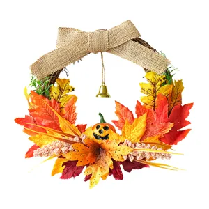 Fall autumn wreath with burlap bow pumpkin maple leaves for Thanksgiving Halloween home decor.