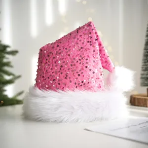 Bonnet de Père Noël rose à sequins avec bordure en peluche blanche et pompon.