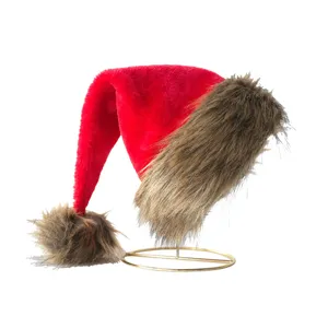 Plush Christmas hat with brown faux fur trim and pom-pom, soft red holiday party costume hat.