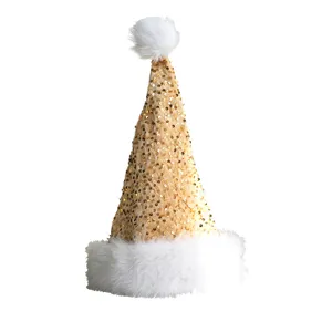 Bonnet de Père Noël à paillettes dorées avec bordure en peluche blanche pour fête.