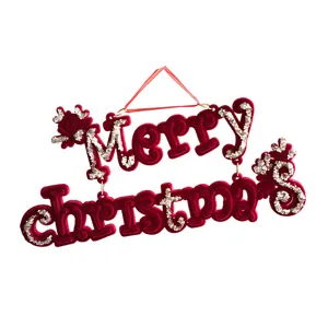 Cartello sospeso Merry Christmas in velluto rosso con glitter per albero di Natale