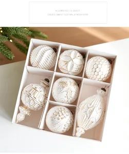 White gold Christmas tree ornaments set, matte retro festive hanging baubles and pendants.