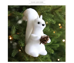 Cute white fuzzy squirrel Christmas hanging ornament with pinecone for holiday tree decor