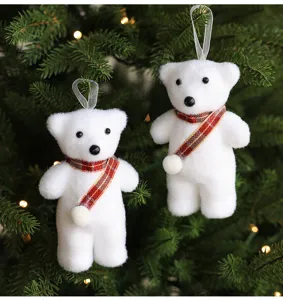 White plush bear Christmas tree hanging ornament with red plaid scarf, festive holiday decor.