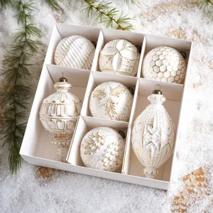White gold Christmas tree ornaments set, vintage matte luxury baubles in gift box.