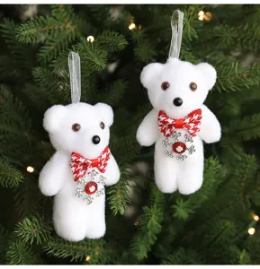 White Christmas bear hanging ornaments with red plaid bow and rhinestone snowflake.