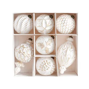 Set of 7 white and gold Christmas ball ornaments, vintage luxury holiday tree hanging decor.