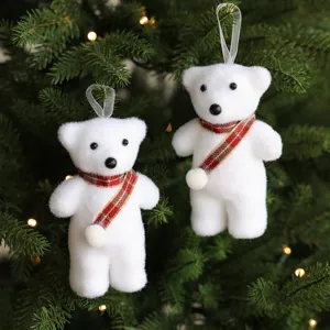 White plush bear Christmas tree hanging ornament with red plaid scarf holiday decor item