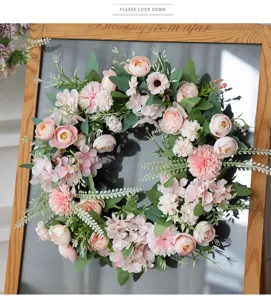 Artificial peony wreath pink hydrangea flower garland for home wall wedding party decor