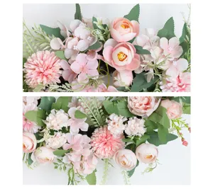 Artificial Peony Wreath Pink Hydrangea Floral Garland for Home Wedding Party Decor