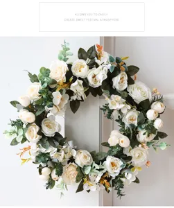 Couronne de fleurs artificielles rose pivoine élégant décor floral pour fête mariage porte