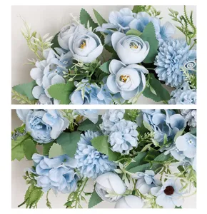 Blue artificial peony hydrangea wreath detail shot for home wall hanging and wedding party.