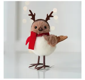 Cute Christmas felt bird figurine with reindeer antlers and red scarf for indoor holiday decor.