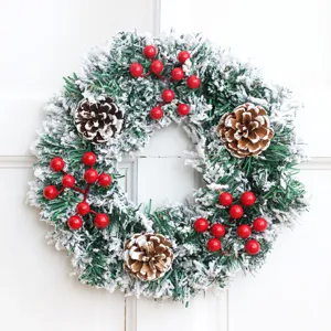 Künstlicher Beflockter Weihnachtskranz Mit Roten Beeren Und Tannenzapfen Holiday Türhänger Girlande Schaufenster Deko Festlicher Heimschmuck