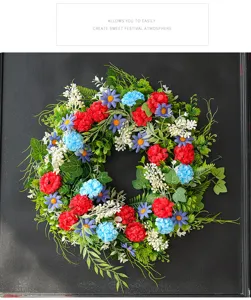 Artificial patriotic flower wreath for holiday door and wall hanging decoration.