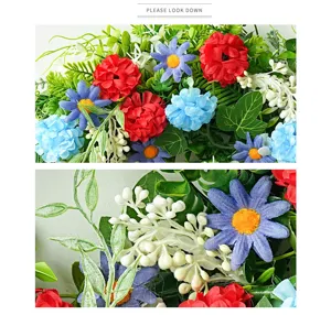 Detailed view of artificial flower wreath, red blue white flowers for holiday wall hanging decor