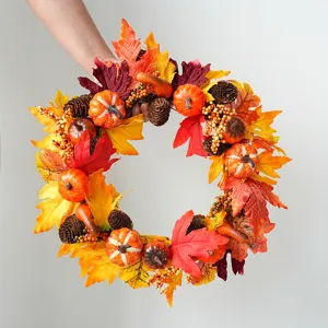 Artificial autumn wreath with pumpkins maple leaves pine cones, door hanging home decor main